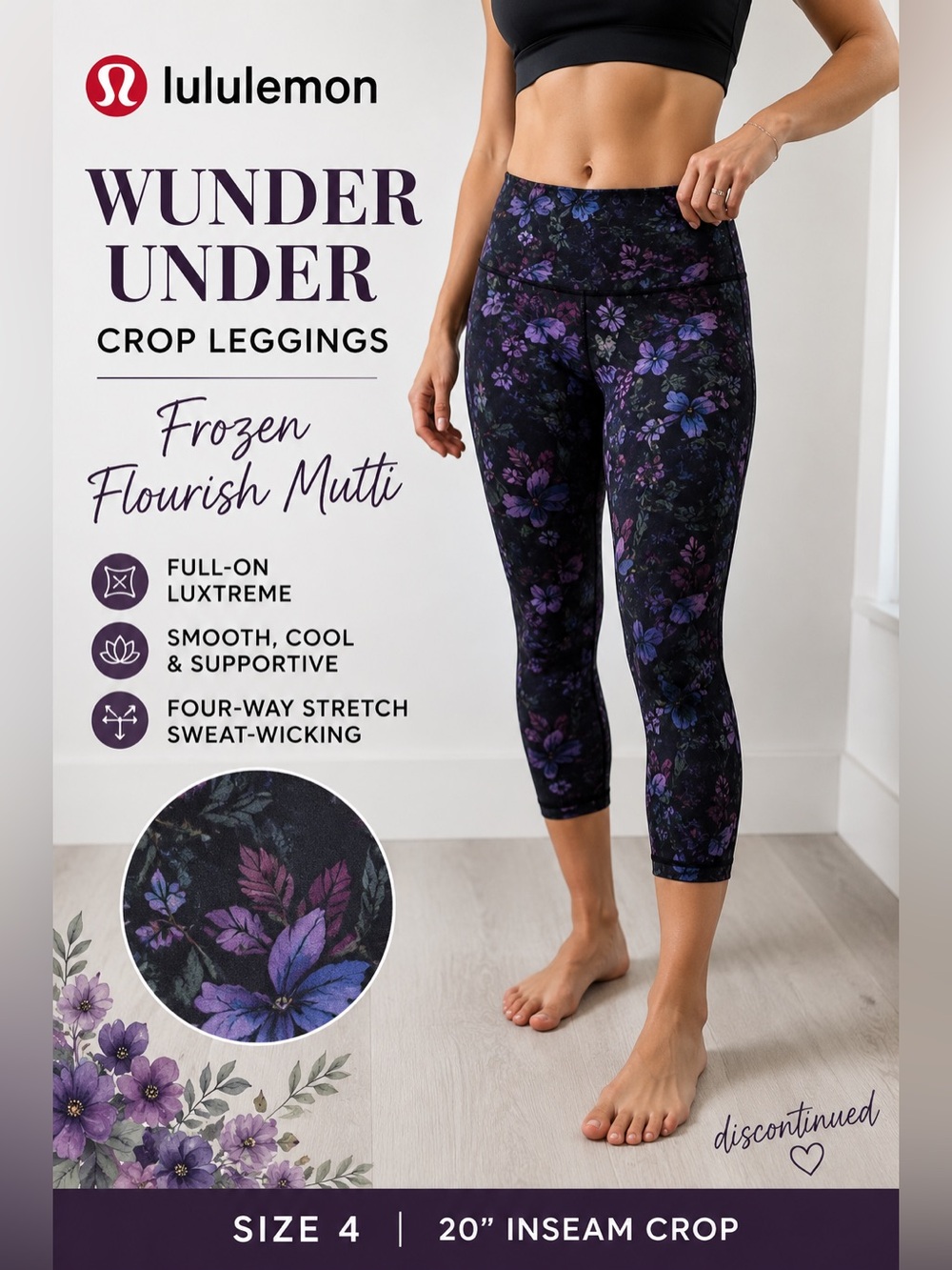 Lululemon Wunder Under Crop Leggings Size 4 Frozen Flourish Multi Full-On